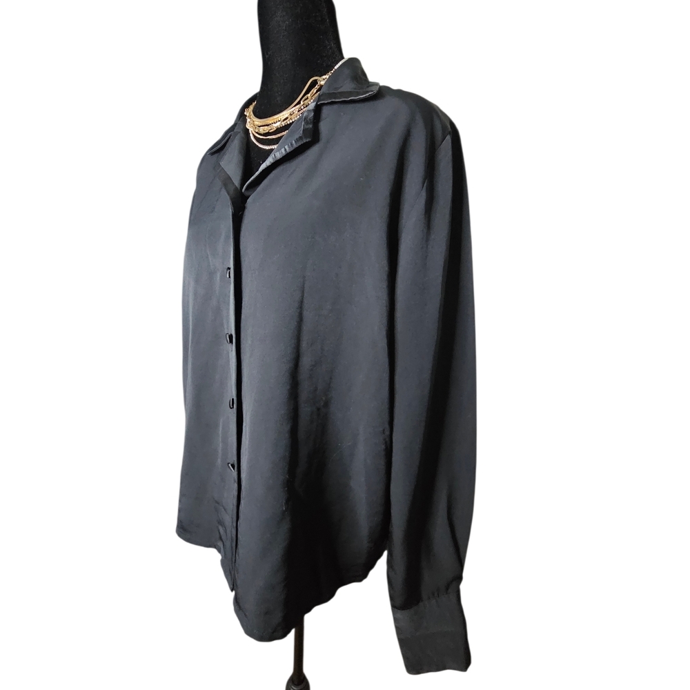 Vintage 90s JOANNA Black Satin Finish Button Down Blouse | Oversized Shirt - Picture 2 of 5